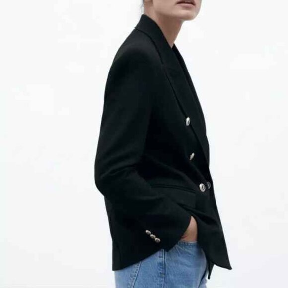 New ZARA TAILORED DOUBLE BREASTED BLAZER Black | Size Large - Picture 2 of 16
